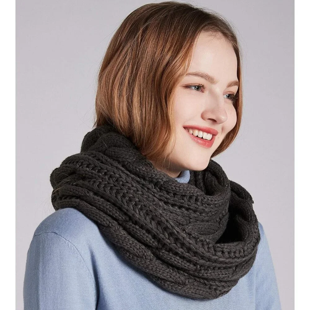 Women's Twist Charocal Thick Ribbed Knit Winter Infinity Circle Loop Scarf